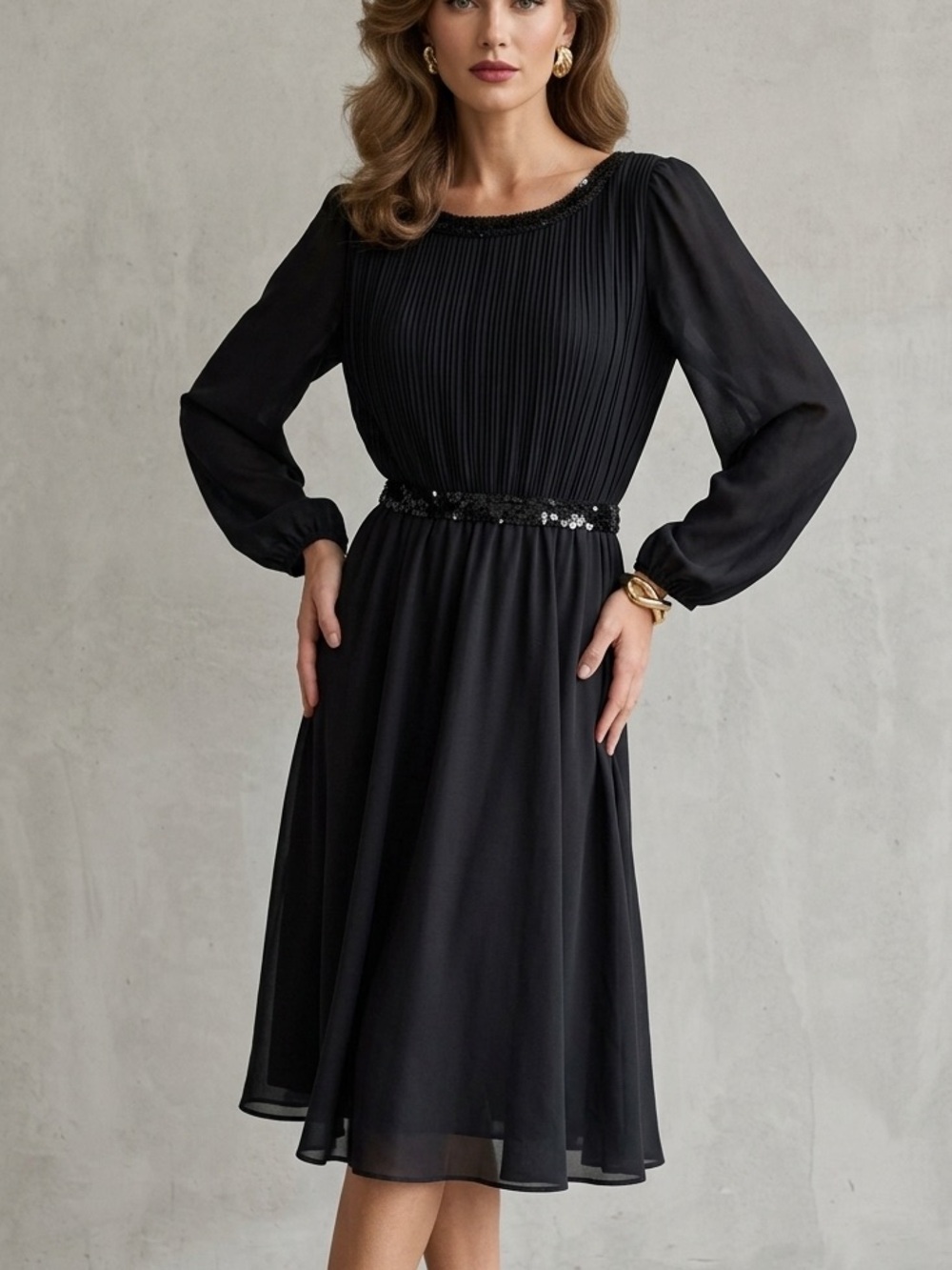 Vintage Sally Lou Dress 10 Pleated Sequin Trim Long Sleeve Black Formal USA 80's